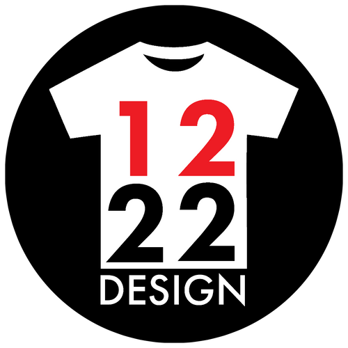 12/22 Design logo - Black circle with white t-shirt with red number 12 stacked on top of black number 22. The word DESIGN at the bottom